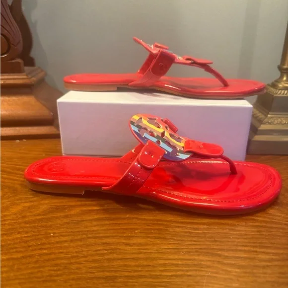 Tory Burch Red Patent Leather Miller Sandals with Colorful Logo Size 7 - Picture 5 of 9